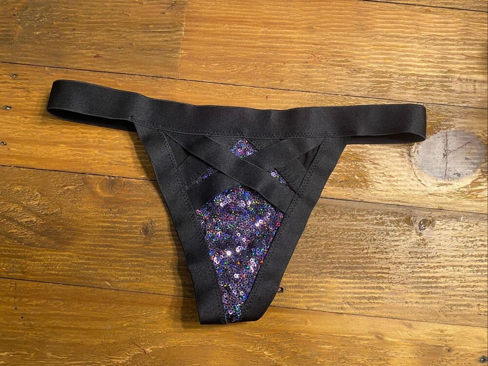 Victoria’s Secret Small very sexy black bottoms purple sequin